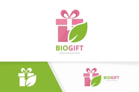 Vector gift and leaf logo combination. Present and eco symbol or icon. Unique Stock Illustration