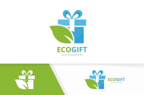Vector gift and leaf logo combination. Present and eco symbol or icon. Unique Stock Illustration