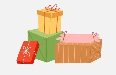 Vector gift boxes stack cartoon pack composition for event greeting Birthday or Stock Illustration