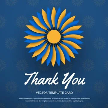 Vector gift card with a blue flower with a yellow dot, "Thank you" lettering, Stock Illustration