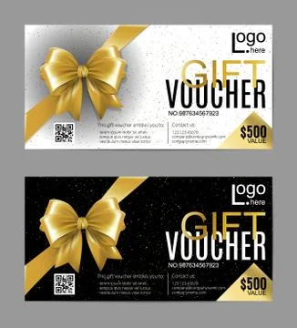 Vector gift card or voucher template with realistic gold bow ribbon. Golden Stock Illustration