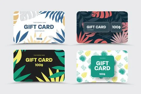 Vector gift card with tropical design with green, blue, red palm leaves, mons Stock Illustration