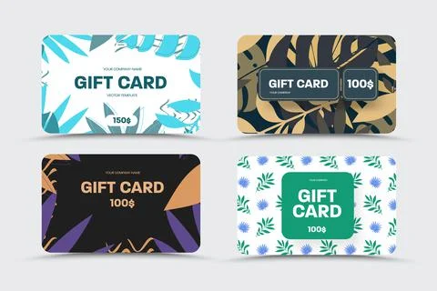 Vector gift cards, design with tropical orange, green, blue, purple leaves, p Stock Illustration