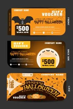Vector gift voucher with case set to Happy Halloween holiday with text on the Stock-Illustration