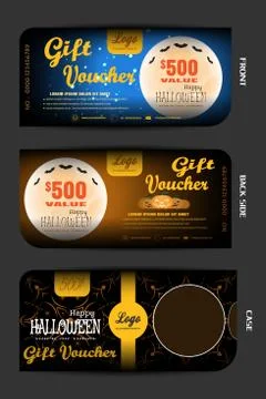Vector gift voucher with case set to Happy Halloween holiday on the blue and Stock Illustration