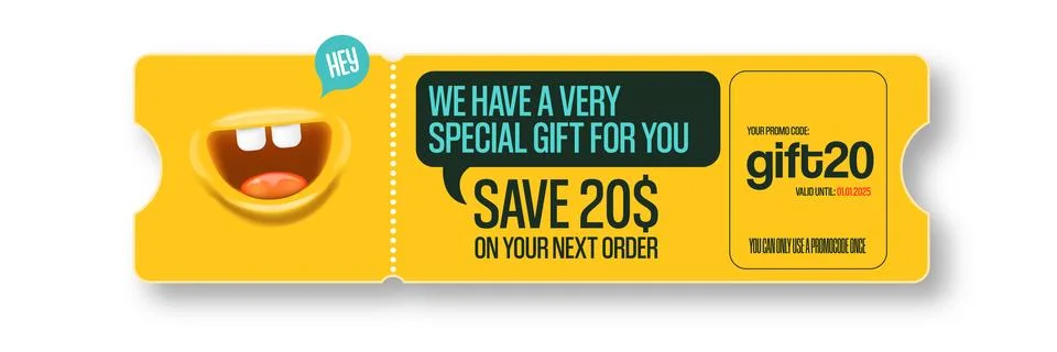 Vector Gift Voucher with Coupon Code And Cute Funny Monster Character. Kawaii Stock Illustration