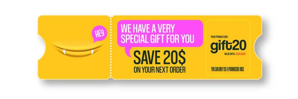 Vector Gift Voucher with Coupon Code And Cute Funny Monster Character. Kawaii Stock Illustration