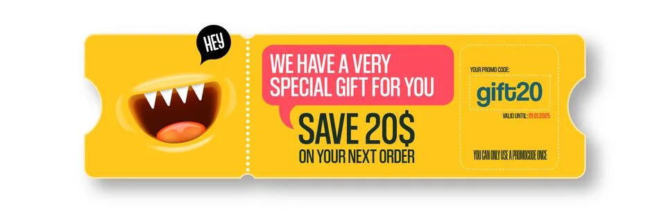 Vector Gift Voucher with Coupon Code And Cute Funny Monster Character. Kawaii Stock Illustration