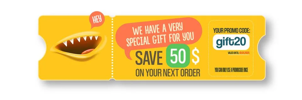 Vector Gift Voucher with Coupon Code And Cute Funny Monster Character. Kawaii Stock Illustration