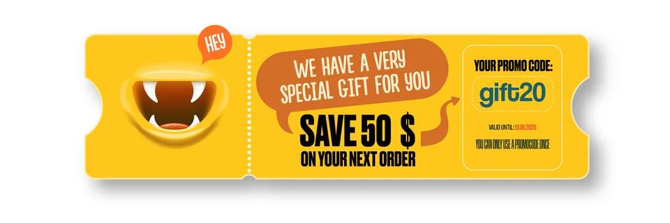 Vector Gift Voucher with Coupon Code And Cute Funny Monster Character. Kawaii Stock Illustration