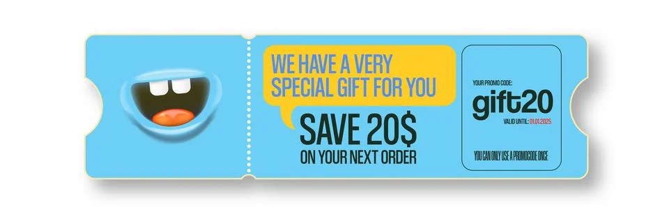 Vector Gift Voucher with Coupon Code And Cute Funny Monster Character. Kawaii Stock Illustration