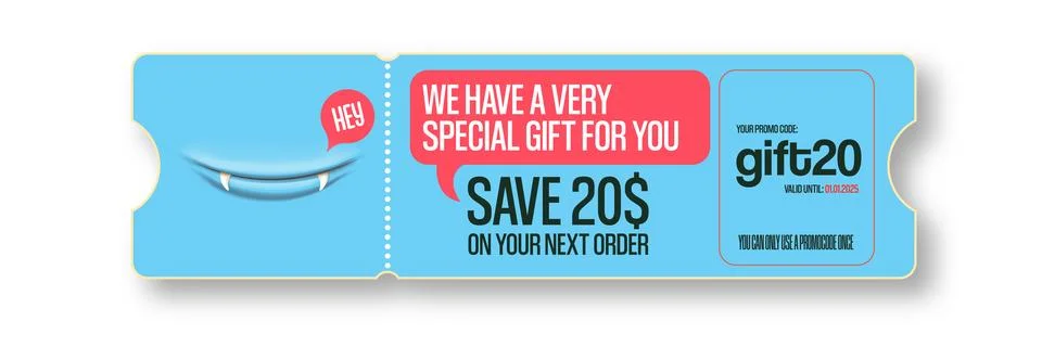 Vector Gift Voucher with Coupon Code And Cute Funny Monster Character. Kawaii Stock Illustration