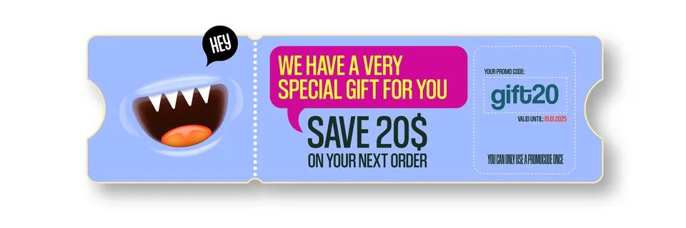 Vector Gift Voucher with Coupon Code And Cute Funny Monster Character. Kawaii Stock Illustration