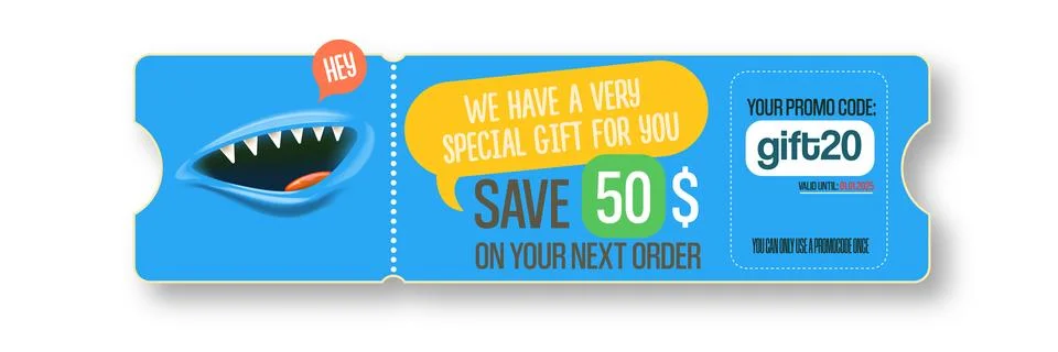 Vector Gift Voucher with Coupon Code And Cute Funny Monster Character. Kawaii Stock Illustration