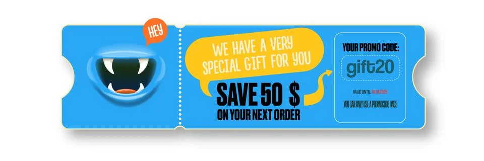Vector Gift Voucher with Coupon Code And Cute Funny Monster Character. Kawaii Stock Illustration