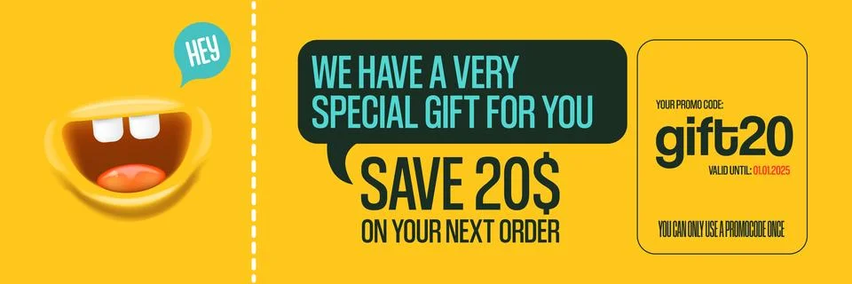 Vector Gift Voucher with Coupon Code And Cute Funny Monster Character. Kawaii Stock Illustration