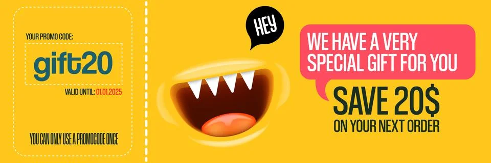 Vector Gift Voucher with Coupon Code And Cute Funny Monster Character. Kawaii Stock Illustration