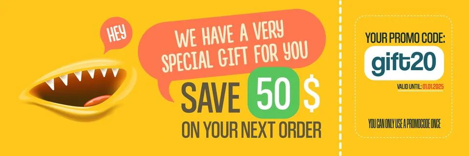 Vector Gift Voucher with Coupon Code And Cute Funny Monster Character. Kawaii Stock Illustration
