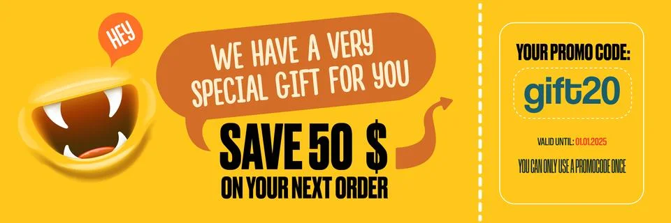 Vector Gift Voucher with Coupon Code And Cute Funny Monster Character. Kawaii Stock Illustration