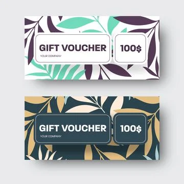 Vector gift voucher isolated on white, black background with tropical modern  Stock Illustration