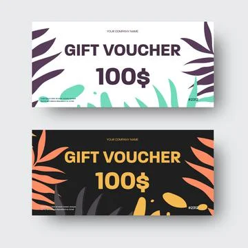 Vector gift voucher template, certificate with tropical leaves, palms, monste Stock Illustration