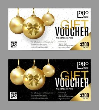 Vector gift voucher template with christmas balls. Golden, black and white Иллюстрация