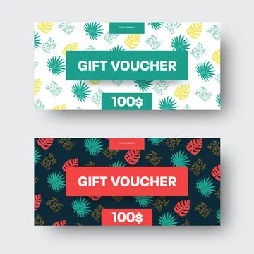 Vector gift voucher template with exotic palm leaves, green, red text inserts Stock Illustration