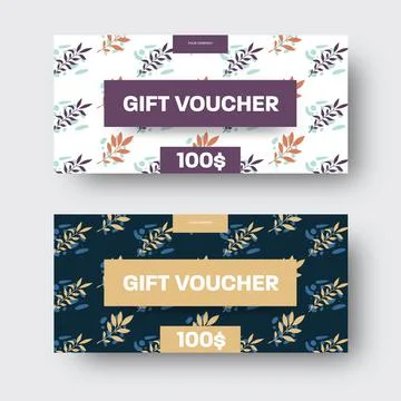 Vector gift voucher template with exotic small leaves, abstract elements, yel Stock Illustration