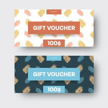 Vector gift voucher template, exotic palm leaves, small tropical twigs, with  Stock Illustration