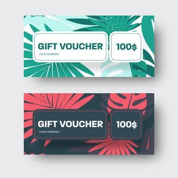 Vector gift voucher template with large tropical palm leaves, monstera in gre Stock Illustration