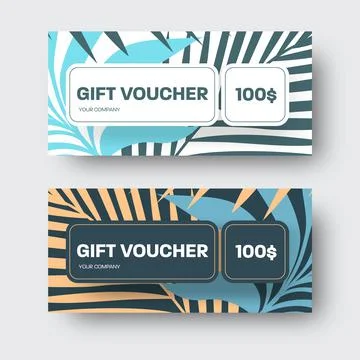 Vector gift voucher template with large tropical palm leaves, exotic twigs. Stock Illustration
