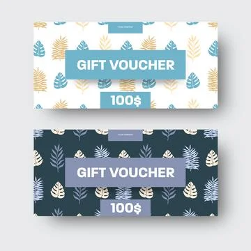 Vector gift voucher template with place in the center, tropical manstera leav Stock Illustration