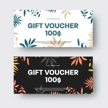 Vector gift voucher template with place for text, brand, tropical leaves, twi Stock Illustration
