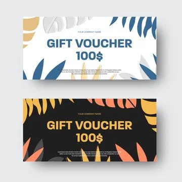 Vector gift voucher template with tropical leaves, twigs, blue and yellow ins Stock Illustration