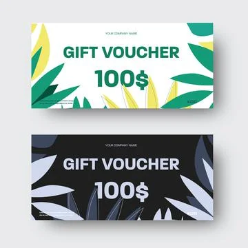 Vector gift voucher template with tropical leaves, linear twigs, gray, green, Stock Illustration