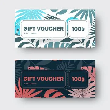 Vector gift voucher template with tropical palm leaves, blue, red twigs on wh Stock Illustration