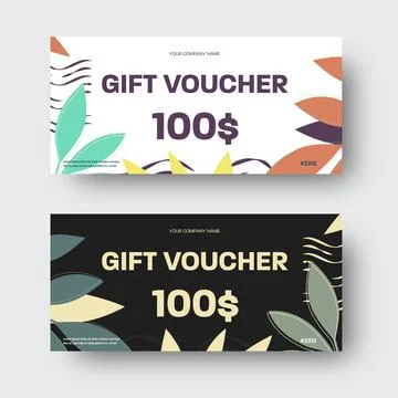 Vector gift voucher template with tropical leaves, yellow, green, purple twig Stock Illustration