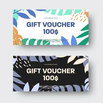 Vector gift voucher template with tropical leaves, violet, green, orange exot Stock Illustration