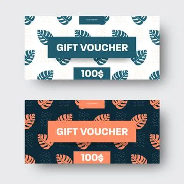 Vector gift voucher template with tropical small monstera leaves, palm trees, Stock Illustration