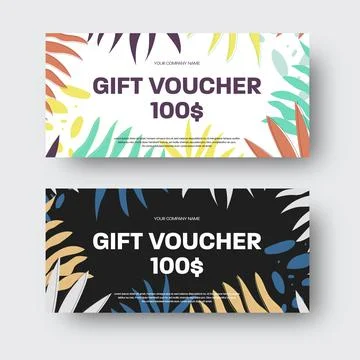 Vector gift voucher template with tropical leaves, palms, abstract elements. Stock Illustration