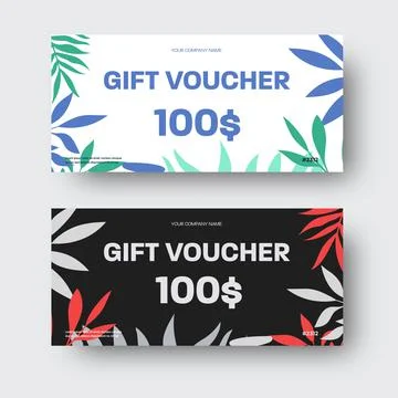 Vector gift voucher template with tropical palm leaves, exotic twigs in green Stock Illustration
