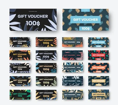 Vector gift voucher template with tropical leaves, palms, monster, abstract i Stock Illustration