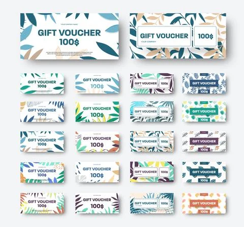 Vector gift voucher template with tropical leaves, palms, abstract elements,  Stock Illustration