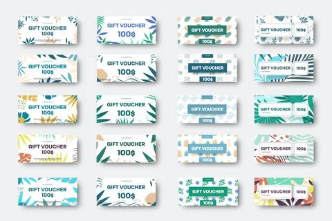 Vector gift voucher template with tropical leaves, palms, abstract elements,  Stockillustratie