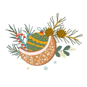 Vector gingerbread moon cookie with snowberry, pine branch, juniper, bauble Stock Illustration
