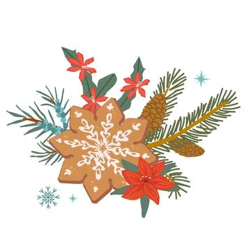 Vector gingerbread snowflake star cookie and christmas cactus, amaryllis flow Stock Illustration