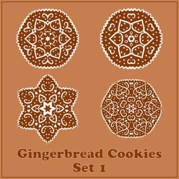 Vector Gingerbread Snowflakes Cookies Set. Merry Christmas Decor Elements. Stock Illustration