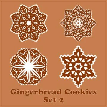 Vector Gingerbread Snowflakes Cookies Set. Merry Christmas Decor Elements. 스톡 일러스트