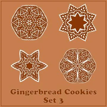 Vector Gingerbread Snowflakes Cookies Set. Merry Christmas Decor Elements. Stock Illustration