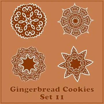 Vector Gingerbread Snowflakes Cookies Set. Merry Christmas Decor Elements. Stock Illustration